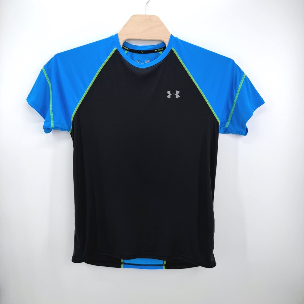 Under Armour HeatGear Run Shirt Mens Large Black Blue Fitted Raglan Training Tee